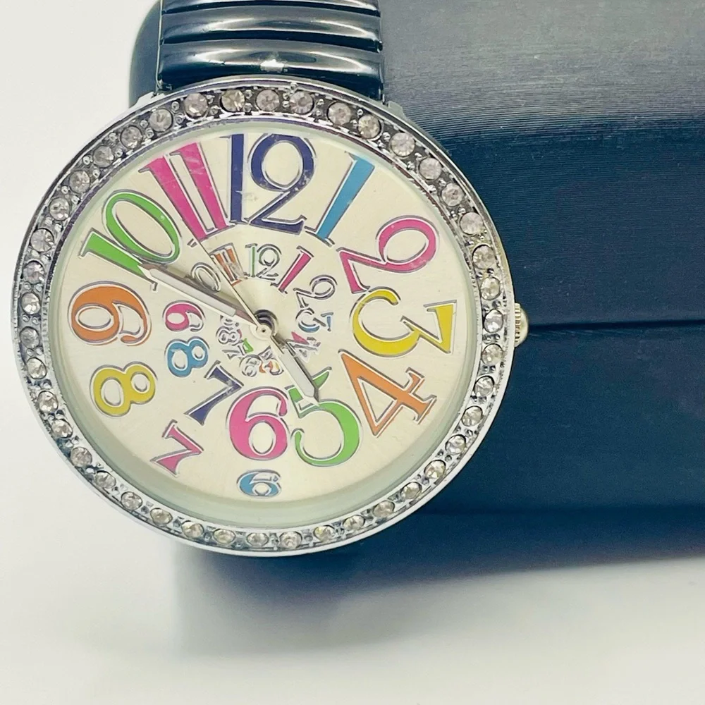 Geneva Multicolor Number Round Rhinestone Dial Watch with Black Stretch Band
